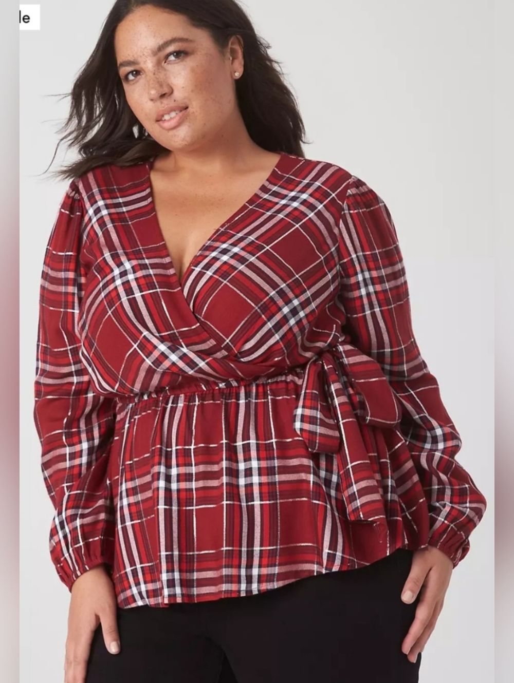 Lane Bryant Classic Surplise Red Rayon Plaid Metallic Wrap Peplum Blouse 16